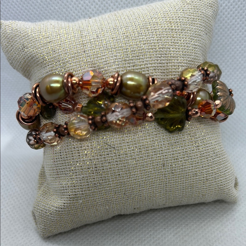 Swarovski Crystal, multi-strand Beaded Bracelet with Gold and Green Accents